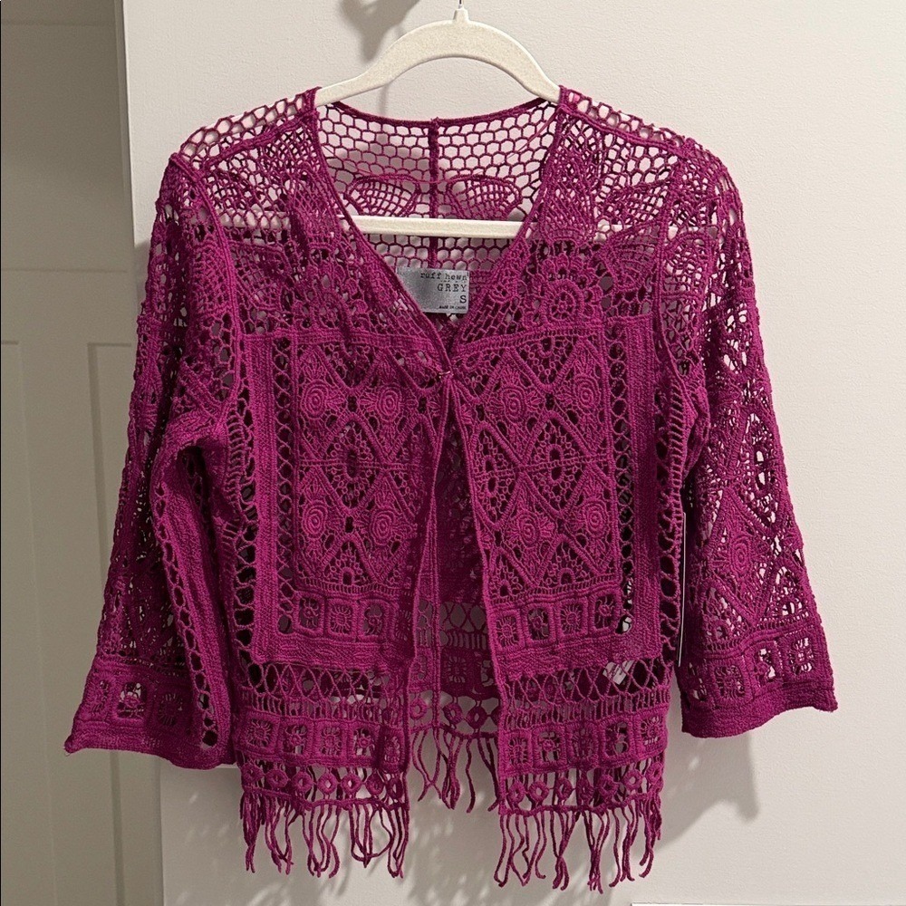 Ruff Hewn Womens Crochet Lace Cardigan Deep Orchid Purple Fringe S Boho Festival
